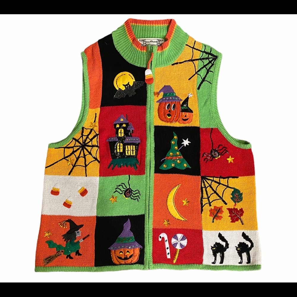 Vintage Tiara Halloween Vest w Pumpkins Sz L